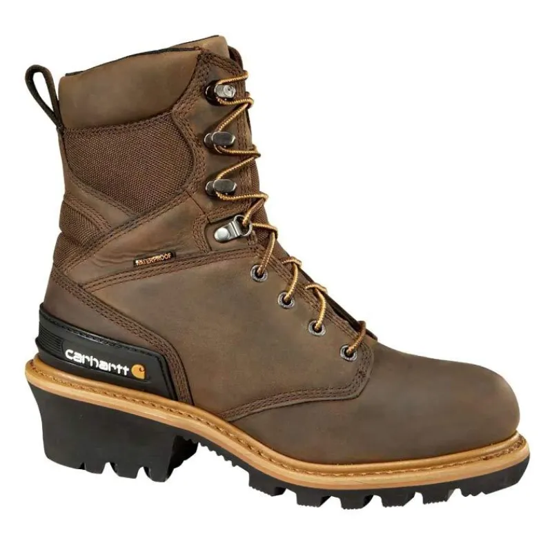 Carhartt Non-Slip Boots | Non-Steel Safety Toe*Men's 8" Waterproof Insulated Composite Toe Logger Climbing Boot Crazy Horse Brown
