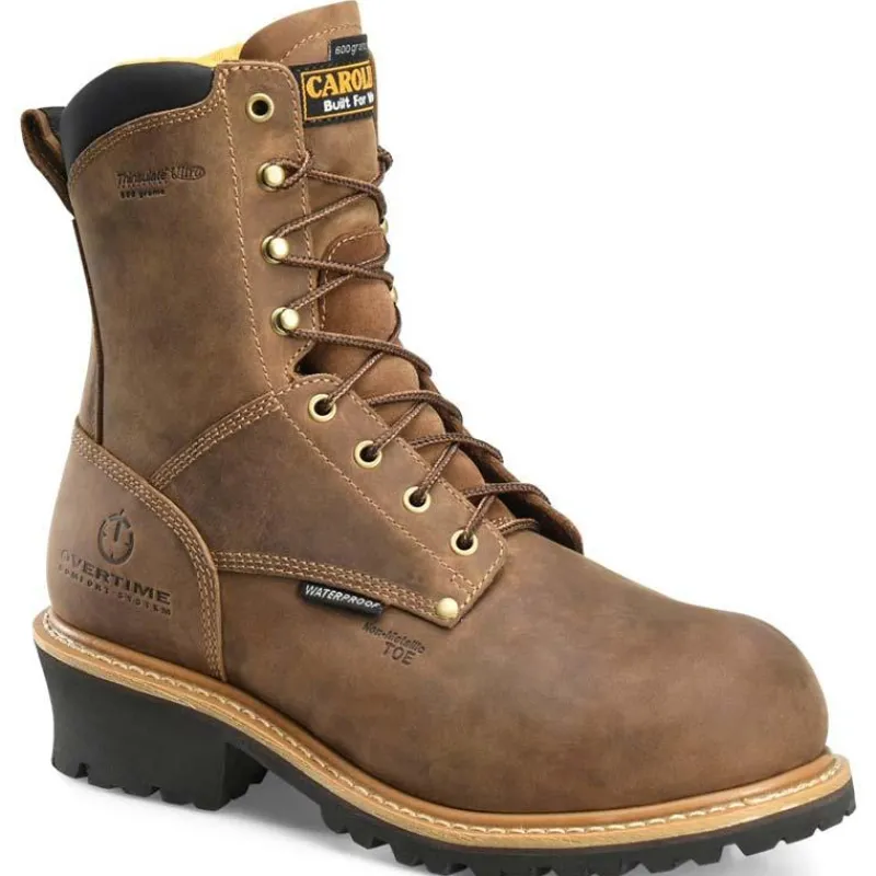 Carolina Non-Steel Safety Toe | Logger*Men's 8" Poplar Waterproof Insulated Composite Toe Logger Brown Crazy Horse