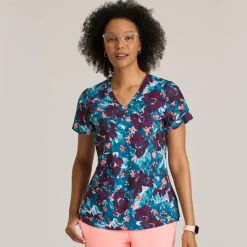 Grey's Anatomy Scrub Tops*+ Spandex Stretch Women's Ella  Print Scrub Top Spring Meadow