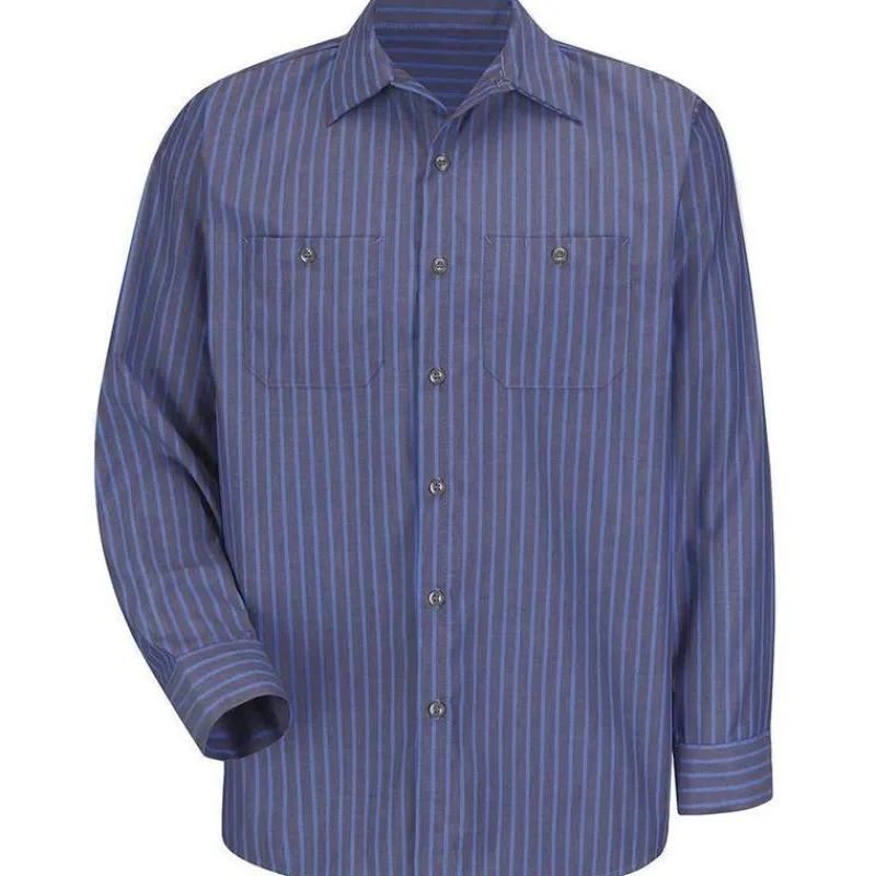 Red Kap Work Shirts*Men's Long Sleeve Industrial Stripe Poplin Work Shirt Gray / Blue Stripe